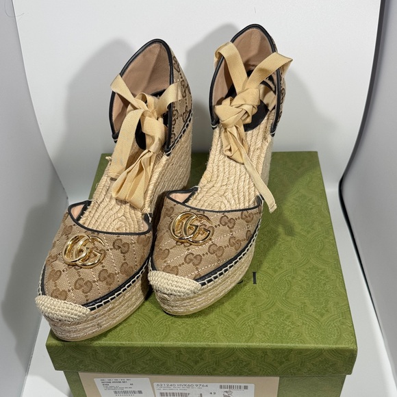 Gucci Shoes - Gucci Tan and Brown Espadrille Wedges